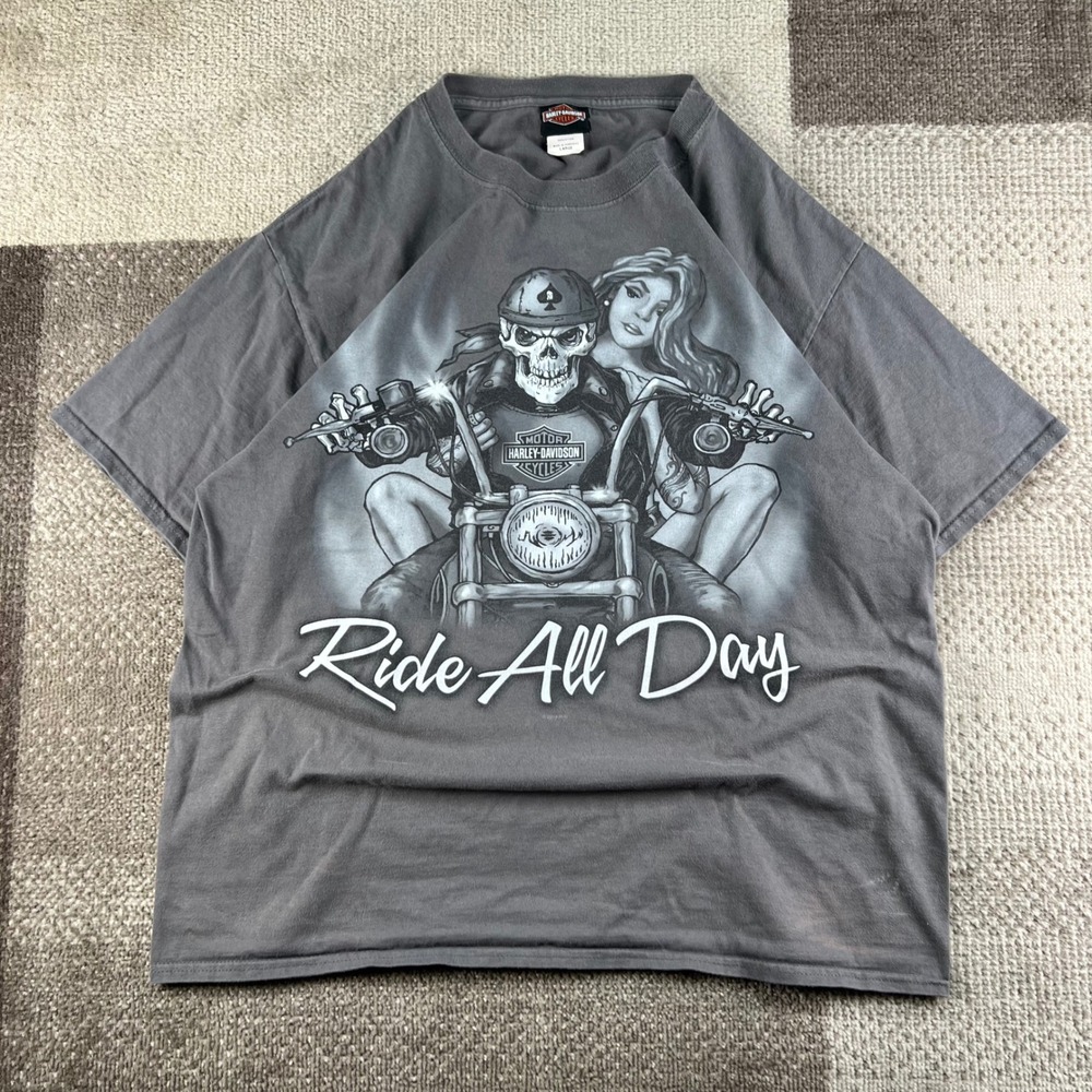 Harley-Davidson Ride All Day Play All Night T Shirt Gray Mens L Skull Rider Girl